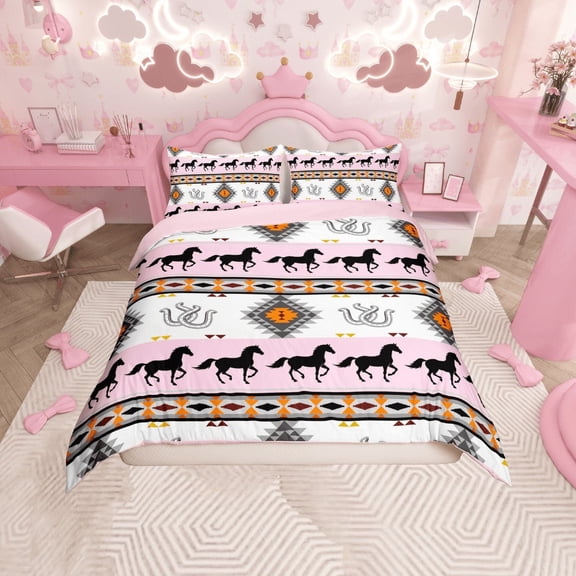 Erosebridal Pink Western Cowgirls Duvet Cover Twin, Rustic Farmhouse Aztec Bedding Sets Twin Size, Horse Horseshoes Bedroom Decor, Reversible 2 Pieces (No Comforter)