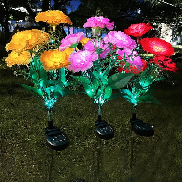 Lámpara de tierra LED Solar Silk 7 Carnation | Luz de estaca de jardín de patio al aire libre | Decoración de jardín de plástico resistente a la intemperie | Iluminación de caminos florales con