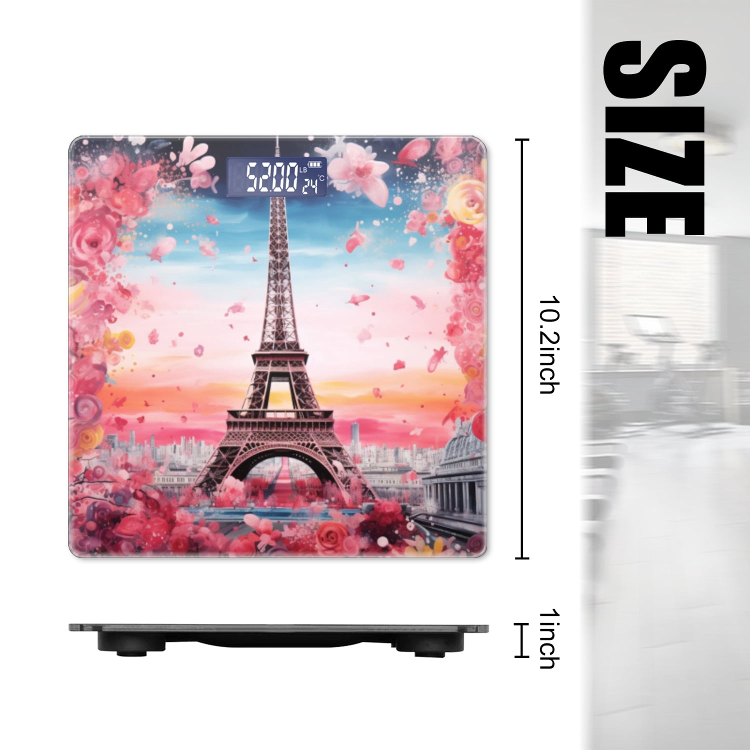 High Precision Body Weight Scale Smart Bathroom Scales with Large LCD Display(400lbs),Decorative for Bedroom-Eiffel Tower Surrounded By Pink And Red Flowers
