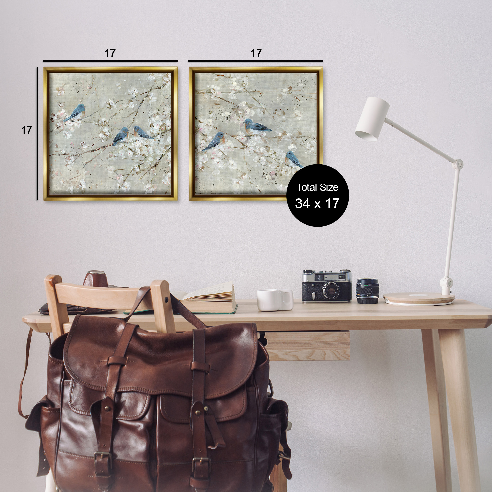 Stupell Industries Blue Birds Perched Tree Blossoms Animals & Insects Painting Gold Floater Framed Canvas Art Print Wall Art, 18 x 18, Set of 2
