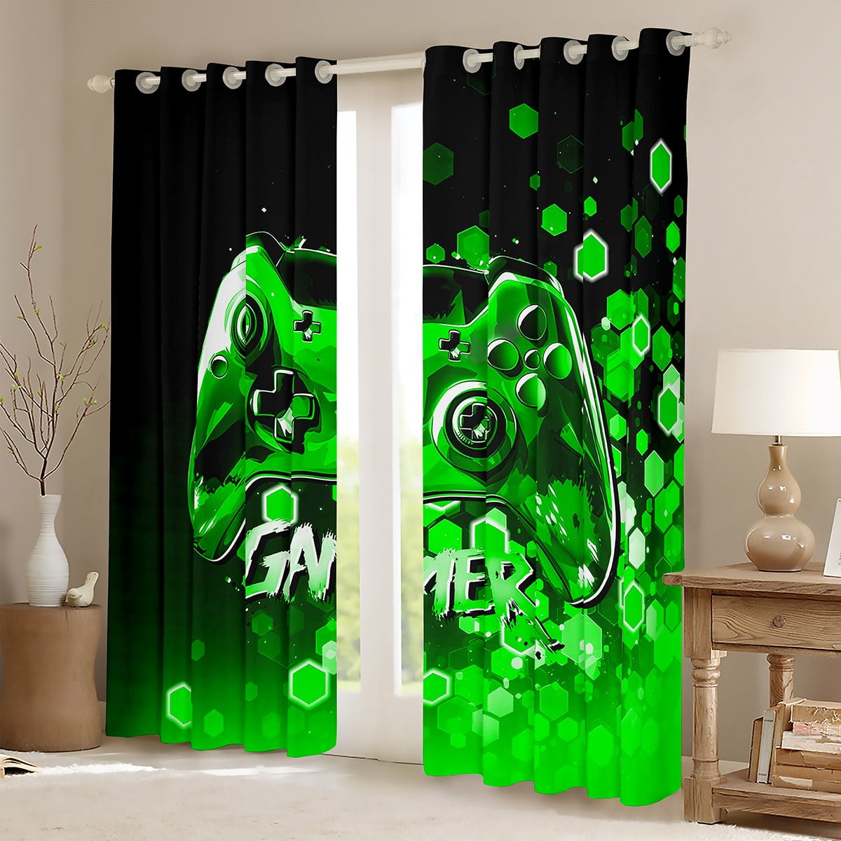 Erosebridal Teenager Gamepads Curtains Pack of 2 (42Wx63L),Black Green 30%-50% Black Out Curtains,Geometry Hexagon Curtains for Living Room,Ombre Bedroom Decorative