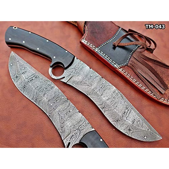 Damascus Steel Nessmuk Knife, 13" Long Custom Made Hand Forged with 10" Long Blade, Black Bull Horn Scale with Finger Hole, Exotic Cow Hide Leather Sheath Included (Bull Horn)