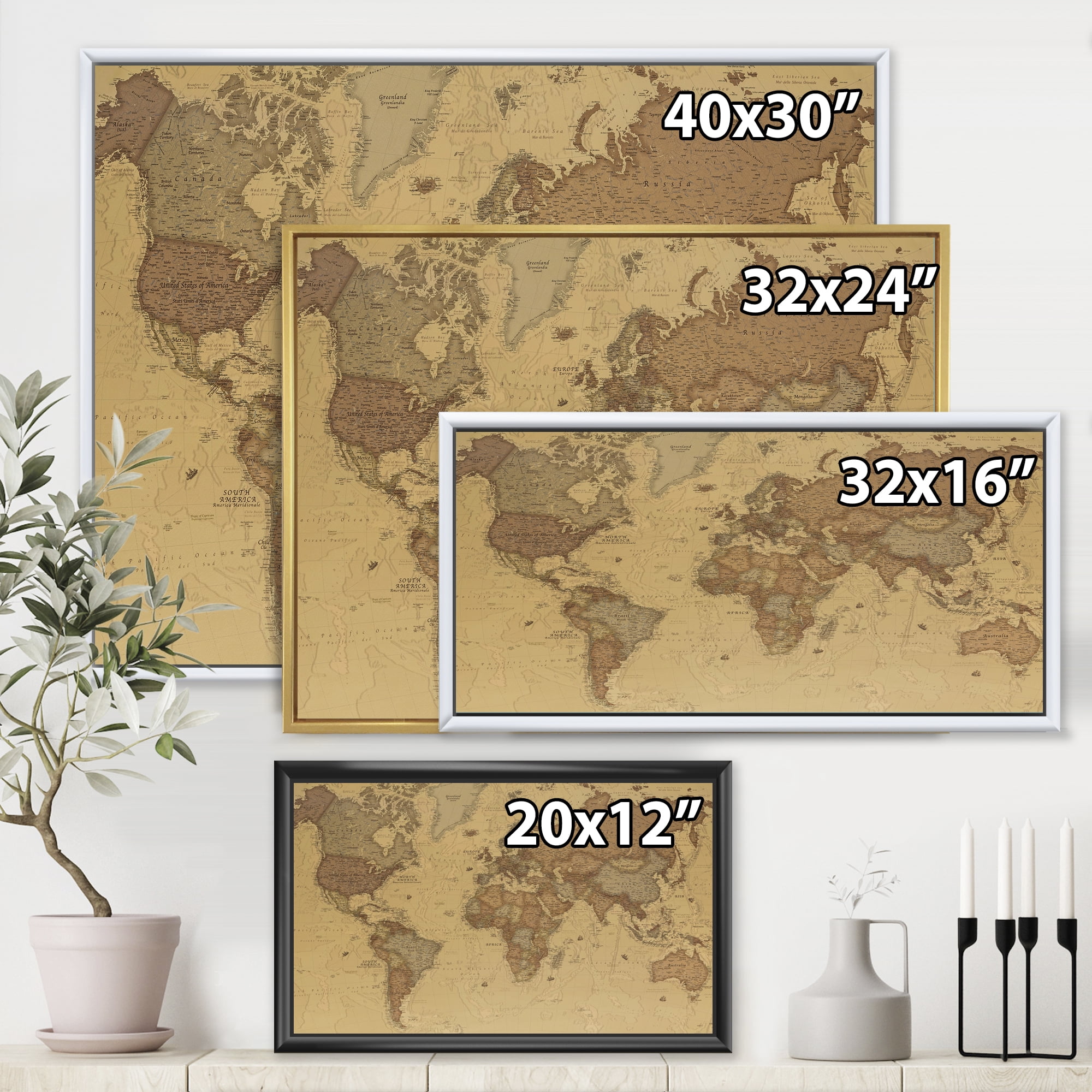 Designart 'Ancient World Map III' Vintage Framed Canvas Wall Art Print