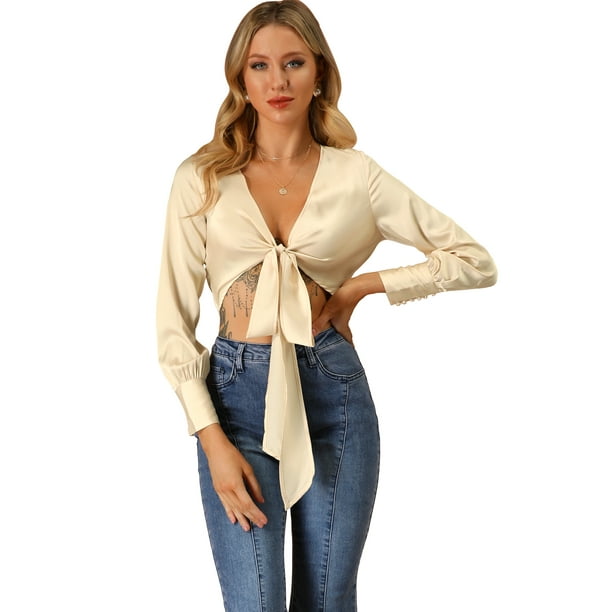 Blusa Cruzada Corbata Frente Abierto Manga Larga Allegra K Oro M - Main Image