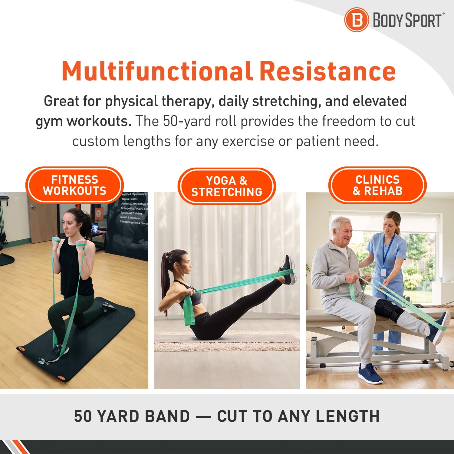 Body Sport 50 yd. Green Heavy Resistance Exercise Bands – For Fitness, Stretching, or Physical Therapy