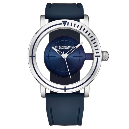 Stuhrling 3915 01  Aviator Quartz Semi Transparent Dial Blue Rubber Mens Watch