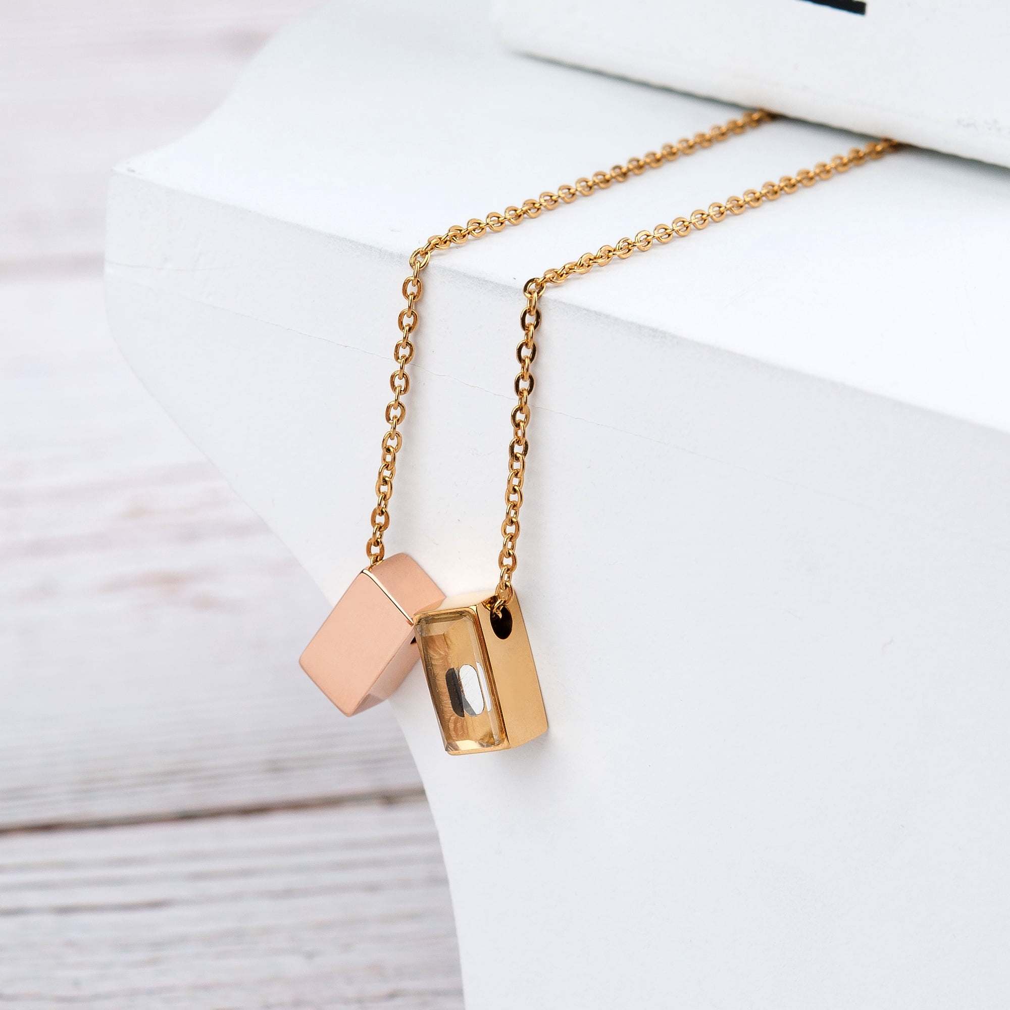 Anavia See You Cremation Necklace for Ashes, Mini See Through Urn Necklace, Mini Cube Cremation Pendant, Cremation Jewelry, Memorial Jewelry, Mini Urn-[Rose Gold & Gold]