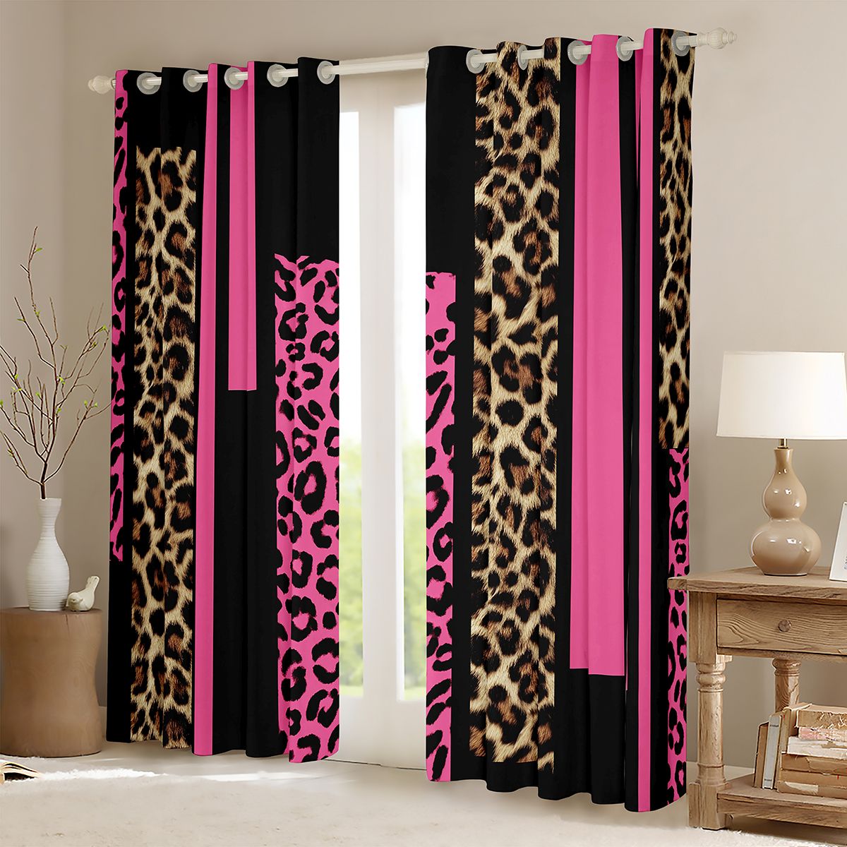 Feelyou Fashion Pink Abstract Curtains Pack of 2 (42x84 Each), Cheetah Leopard Print Curtains Blackout, Chic Polkadots Bedroom Curtains, Blackout Curtains Room Decor
