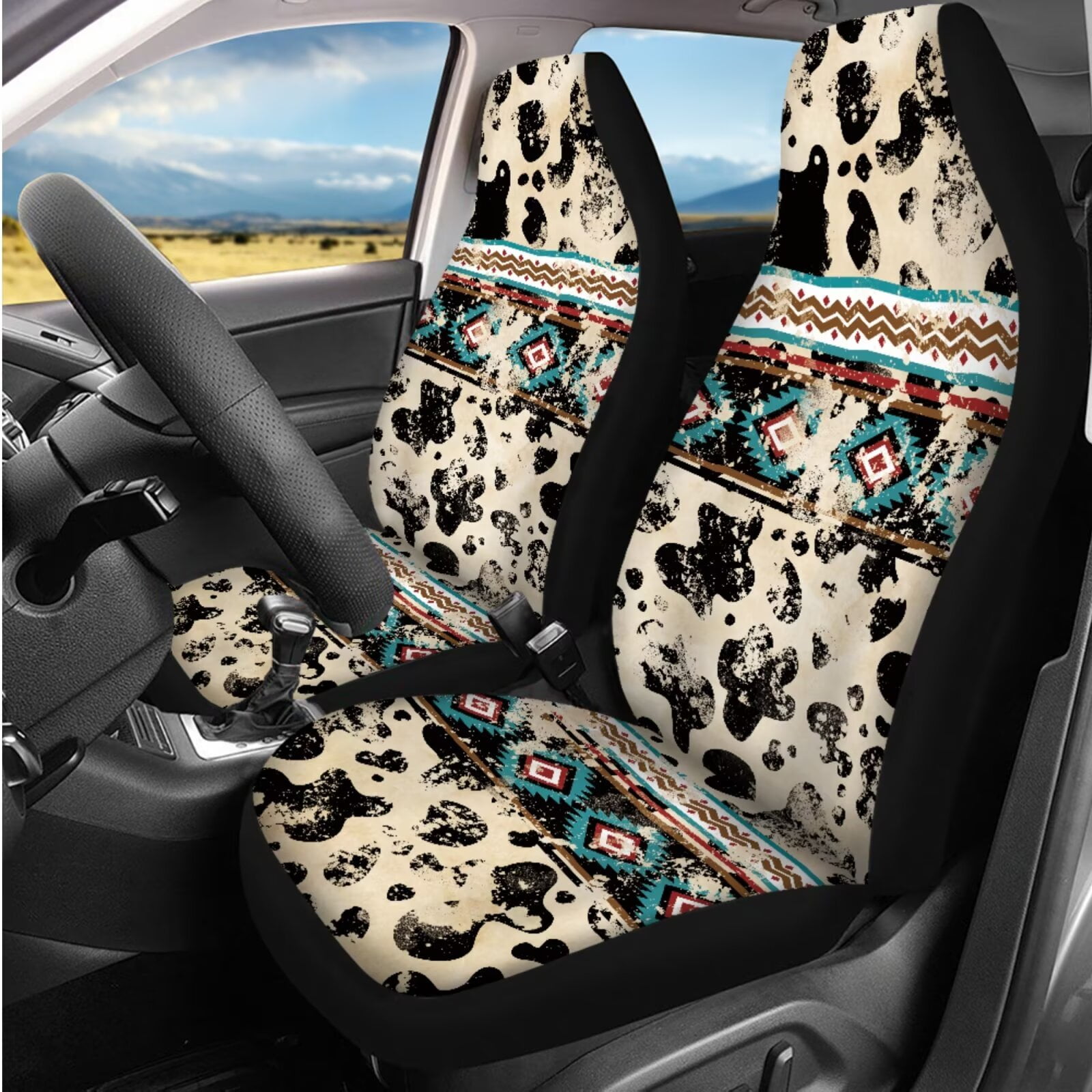 HUIACONG Aztec Cow Print Car Seat Covers Full Set with Steering Wheel Cover Center Console Cover Seat Belt Covers Coasters Headrest Cover Keychain 14 Pcs Universal Fit Most Vehicles SUV Sedan