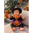 thumbnail image 6 of RUINIXCW Toddler Baby Girl Halloween Witches Costume Kids Pumpkin Costume Infant Girl Fall Cosplay Outfit Long Sleeve Collar Babydoll Shirt and Pants Hat Set, 6 of 10