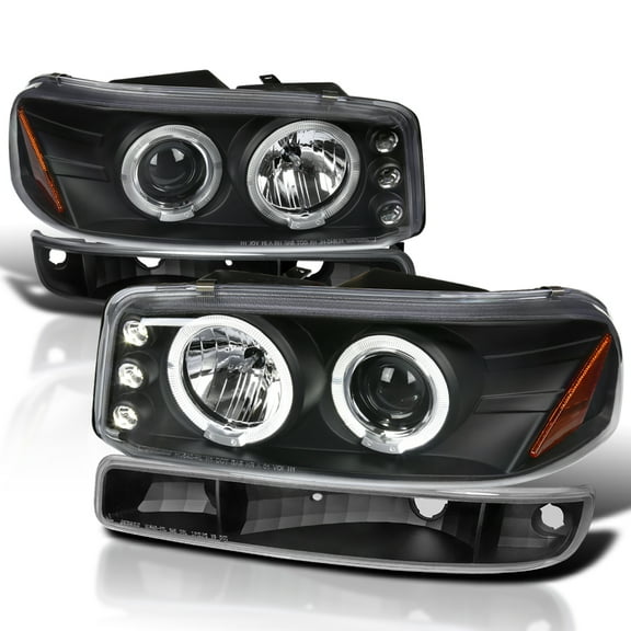 Spec-D Tuning Black Housing Clear Lens LED Halo Projector Headlights   Bumper Lights Compatible with 1999-2006 GMC Sierra 1500/2500/3500, Left   Right Pair Headlamps Assembly