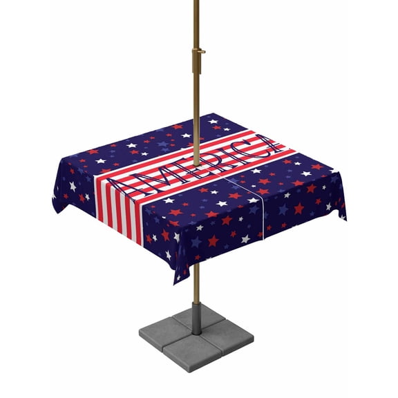 Square Outdoor Tablecloth with Umbrella Hole Independence Day Outside Table Cloth Waterproof Patio Table Cover American Flag Red Blue Star Striped Zipper Tablecloths for Picnic Camping 60x60 Inch