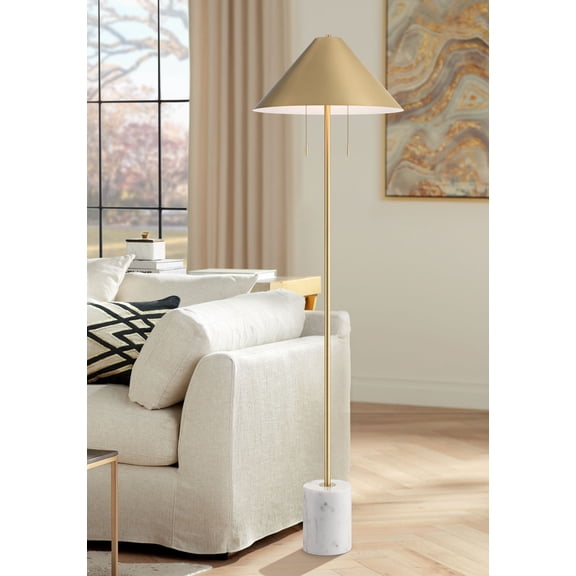 Possini Euro Design Scava Mid Century Modern 61 1/2" Tall Standing Floor Lamp Pole Pull Chain Gold Marble Antique Brass Finish