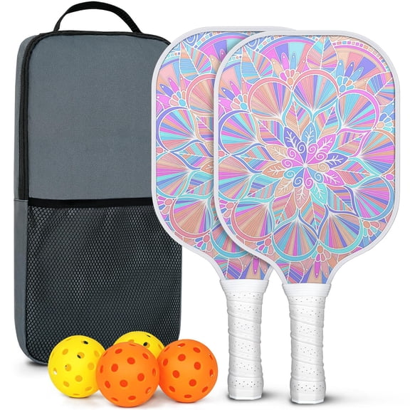 Pickleball Paddles Set Of 2, Fiberglass Surface, Colorful Geometry Print, 4 Balls & Bag