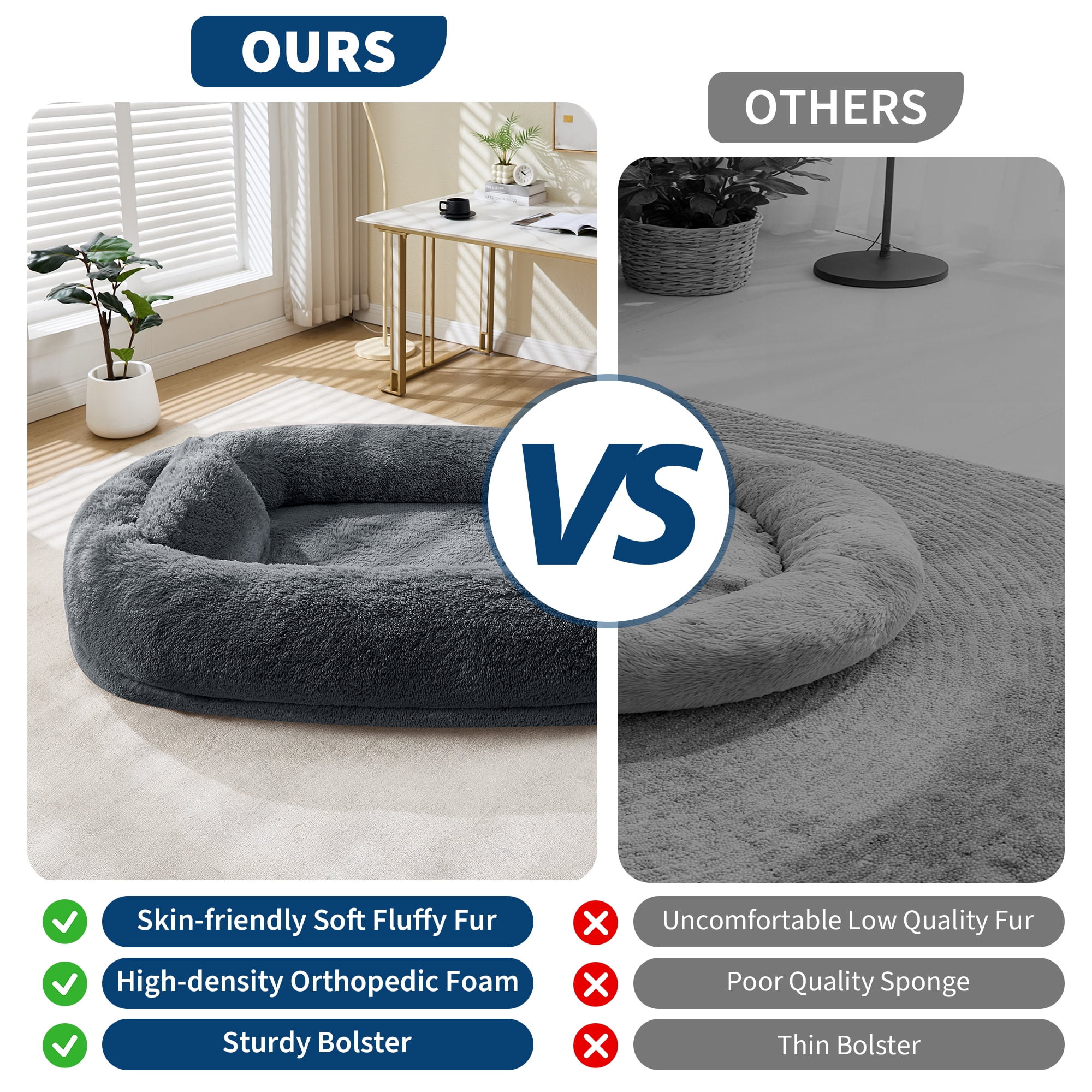 Human Size Dog Bed for People and Pets, 67×43×8 inch Orthopedic Foam Lounger with Removable Washable Faux Fur Cover, Raised Bolster, Side Pocket and Portable Strap, No Assembly Required, Cozy Floor B