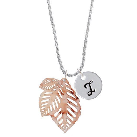 Delight Jewelry Acrylic Medium Triple Leaf Mixed Brown and Yellow Silvertone Script Initial Disc - I - Charm Necklace, 20"+3"