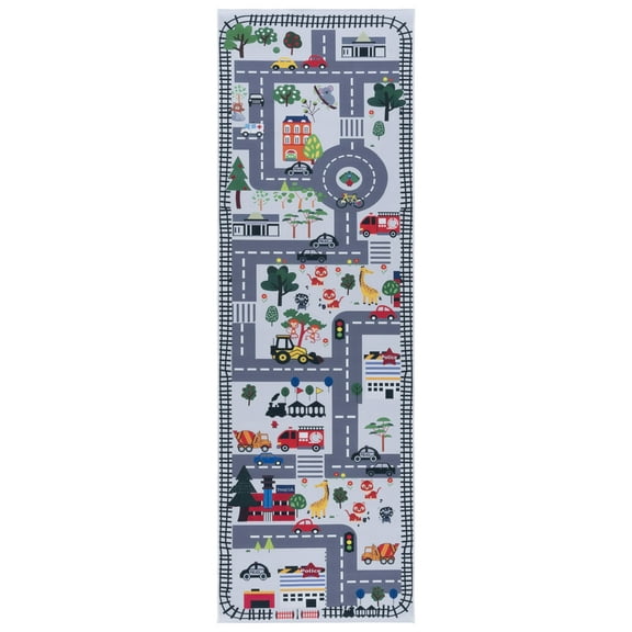 SAFAVIEH Tacoma Kids Railroad Neighborhood Runner Rug, Ivory/Gray, 2'6" x 8'