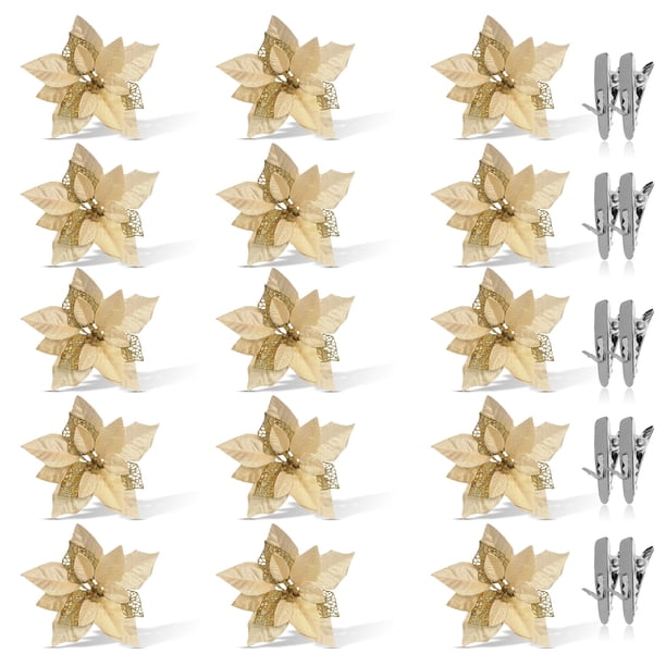 Wosthever 15/5 uds, polvo de brillo de flores artificiales de Navidad, adornos de árbol de Navidad DIY, flores falsas, decoraciones de Año Nuevo de Kits de decoración para fiestas oro 15PCS
