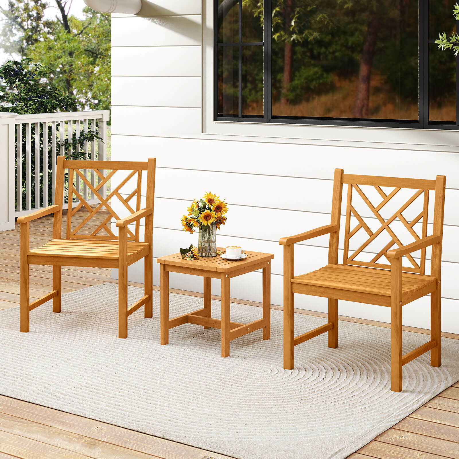 Costway Outdoor Dining Chairs Set of 2 Acacia Wood Slatted Patio Chairs with Armrests