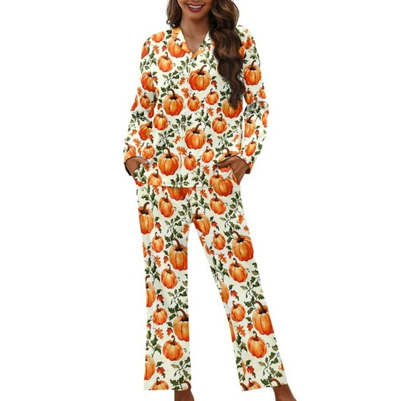 FOR U DESIGNS Thanksgiving Pumpkin Pajama Sets for Women 2 Piece Button Down Long Sleeve Button Pajama Tops for Women Size XS Button Up Pajamas Pants for Women Winter