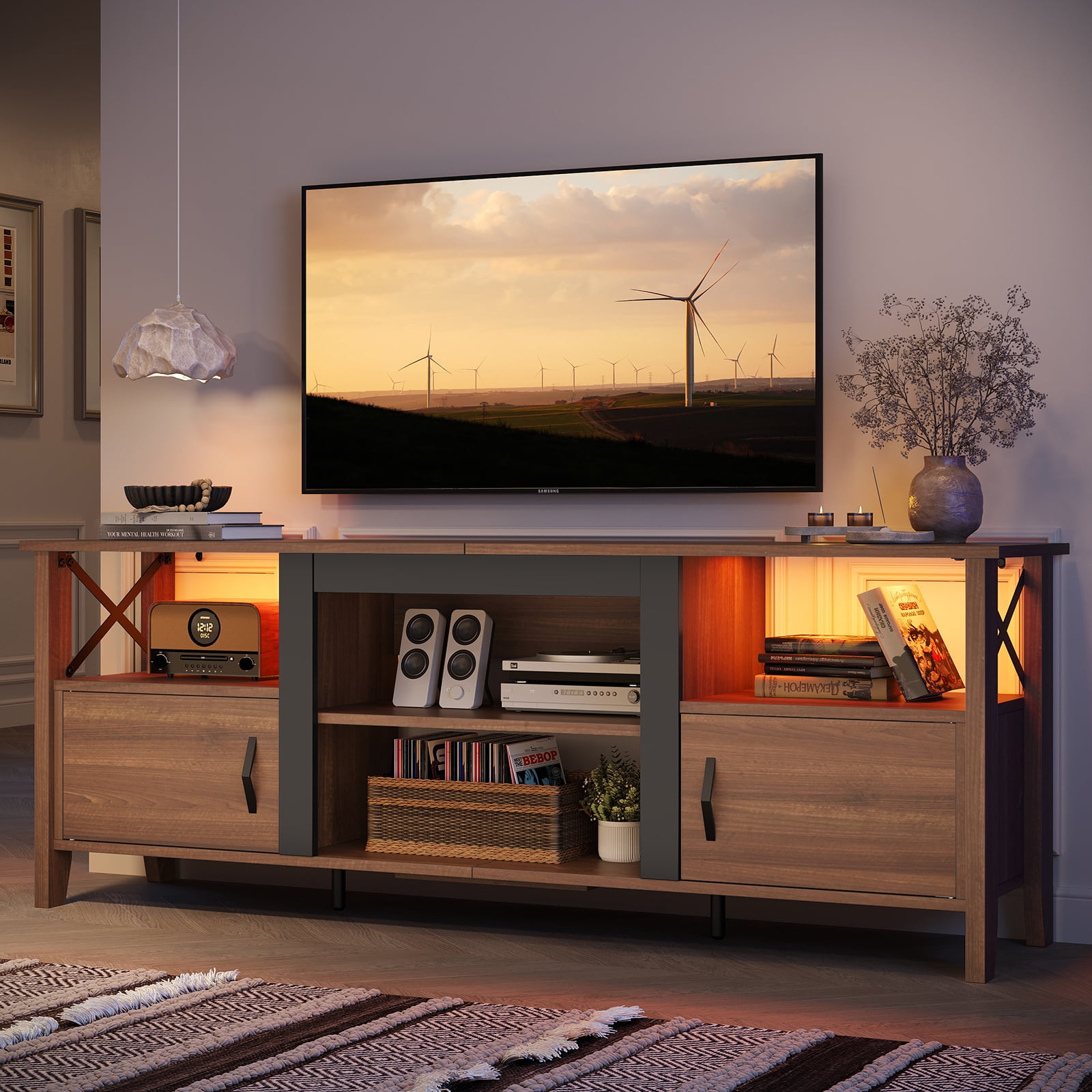 Bestier Farmhouse LED TV Stand for TVs up to 70" Entertainment Center with Cabinet in Ancona Walnut