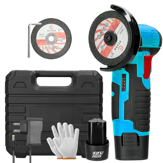 Tignapoo 12V High-Speed Mini Angle Grinder with Brush Motor, 19500 RPM, Compact Design for Cutting, Polishing, and Grinding, Includes 2 Cutting Discs, Gloves, Wrench, and Optional Battery Pack (110V,