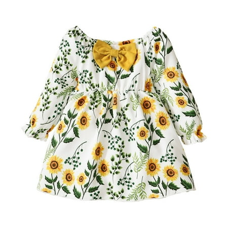 

Infant Baby Girl Clothes Baby Girls Dress Sunflower Print Long Sleeve Square Neckline Floral Dress 6-9 Months