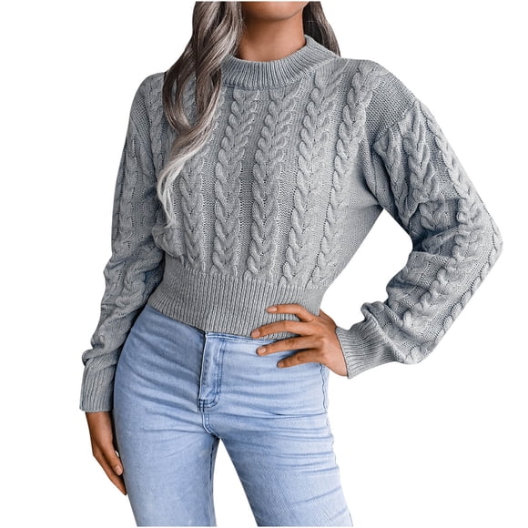 Cable Knit Crop Sweaters for Women Trendy High Neck Solid Pullover Sweater Top Slim Fit Long Sleeve Sweaters