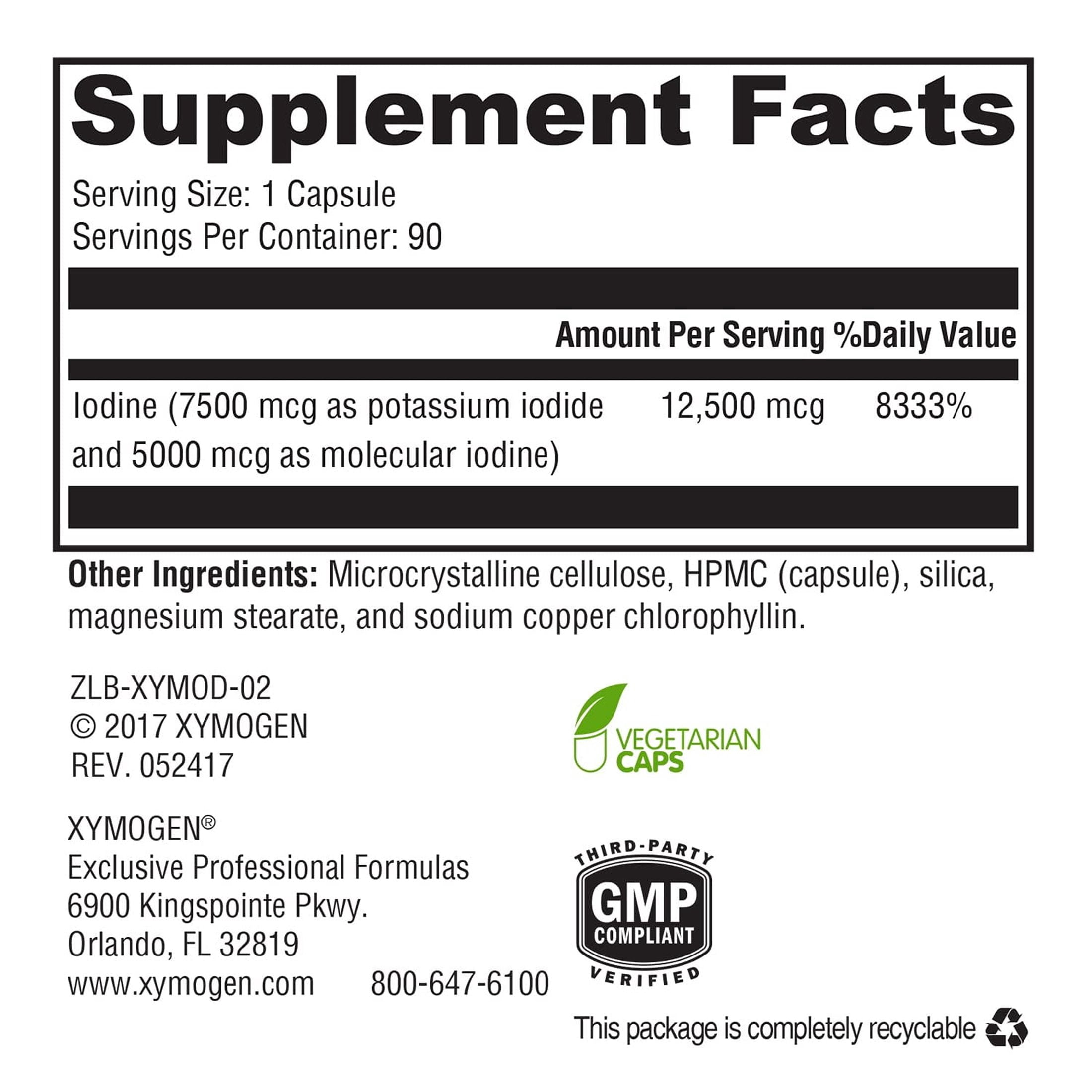 XYMOGEN XymoDine - Iodine Supplement for Thyroid & Hormone Synthesis Support - Potassium Iodide Mineral Formula - Vegetarian Capsules - 90 Capsules