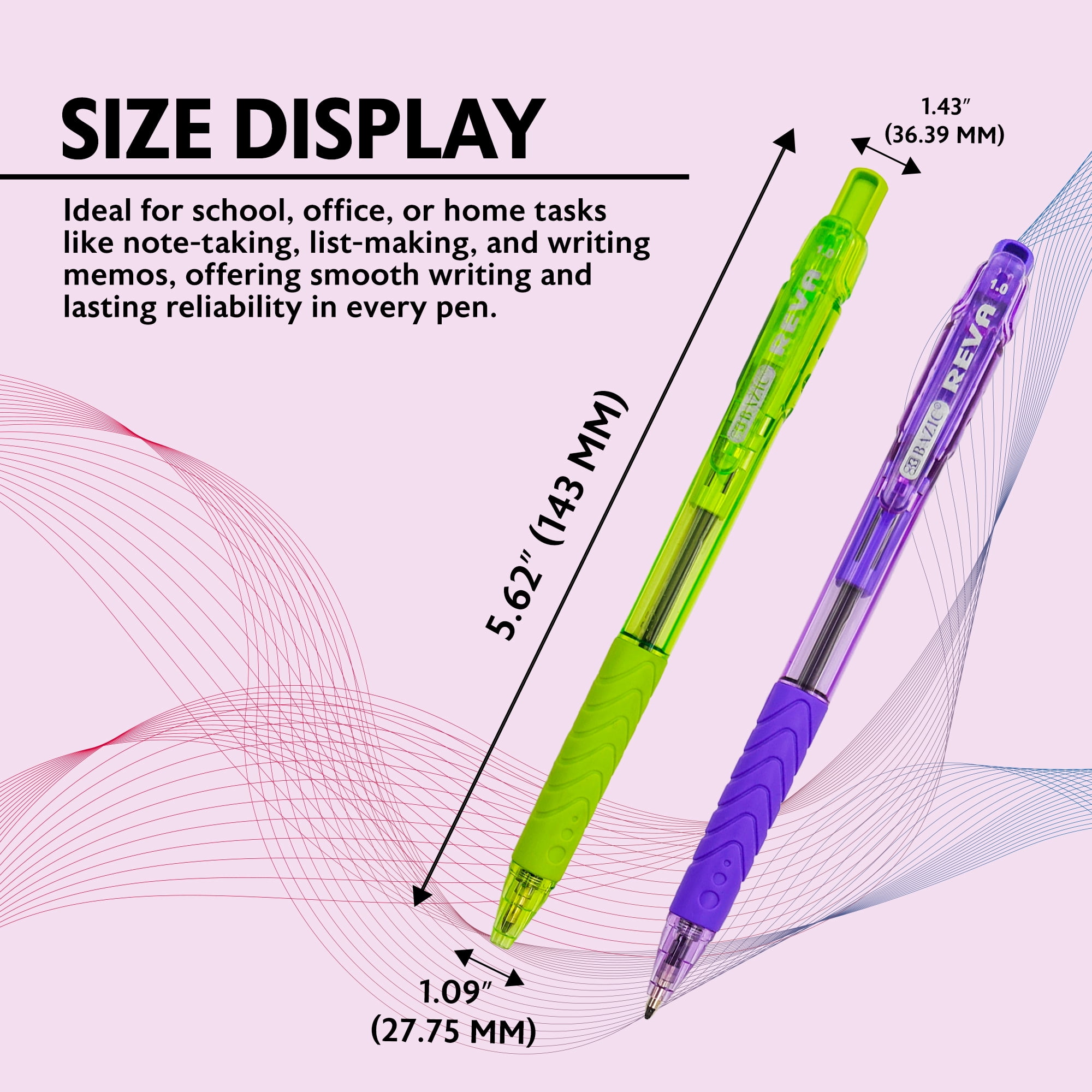 BAZIC Reva Ballpoint Pen Dazzle, Black Color Ink Retractable Pens Cushion Grip, 1.0 mm Medium Point (8/Pack), 1-Pack