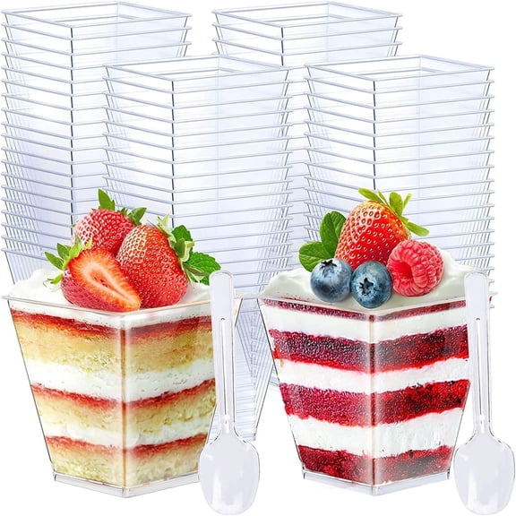100 Pack 8 Oz Square Plastic Appetizer & Dessert Cups with Spoons - Clear Plastic, Ideal for Ice Cream, Fruit Puddings, Desserts & Wedding Parties