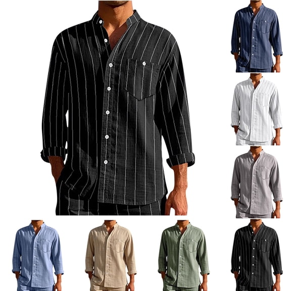 FRSASU Men's Linen Stripe Shirt, Stand up Collar Long Sleeve Button Down Shirts Breathable Stand up Collar Tops White