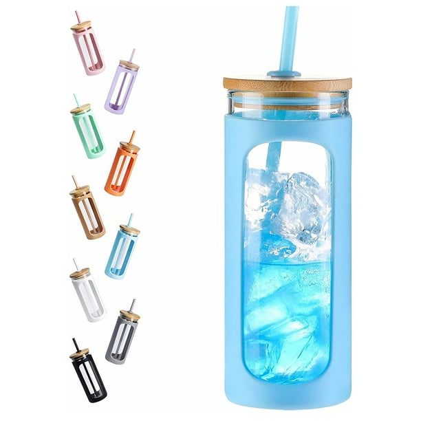 Topio Glass Water Tumble with Straw and Lid,Bamboo Lids Water Bottle