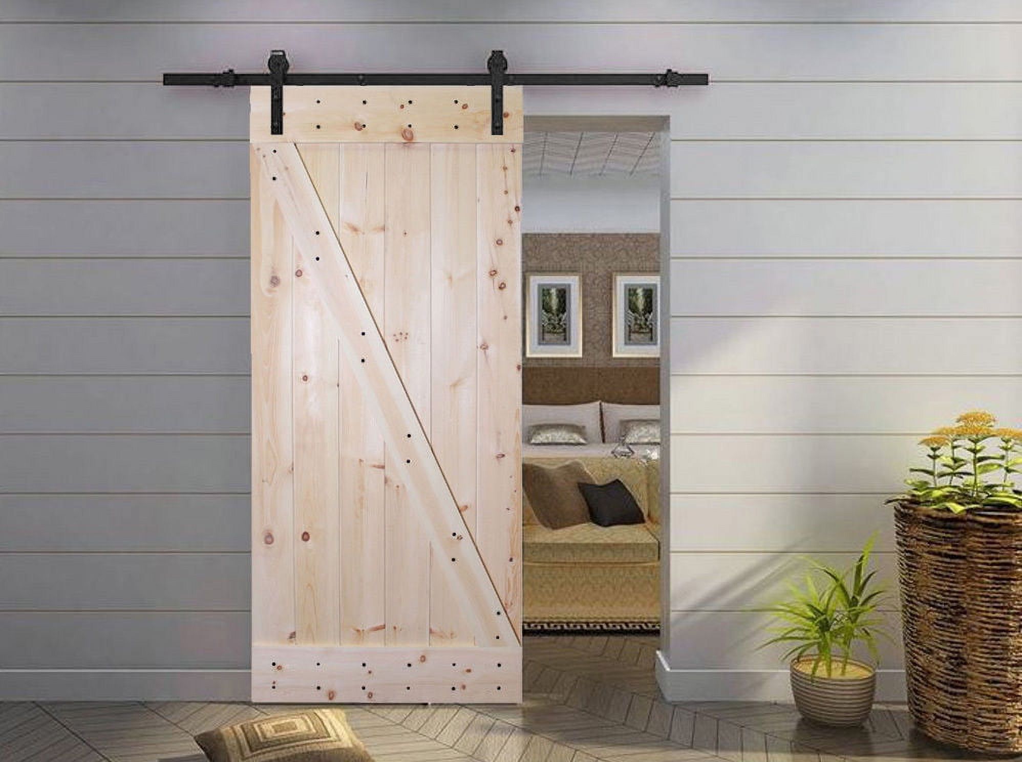 Distressed Z 38 in. x 84 in. Unfinished Solid Knotty Pine Wood Interior Sliding Barn Door with Hardware Kit