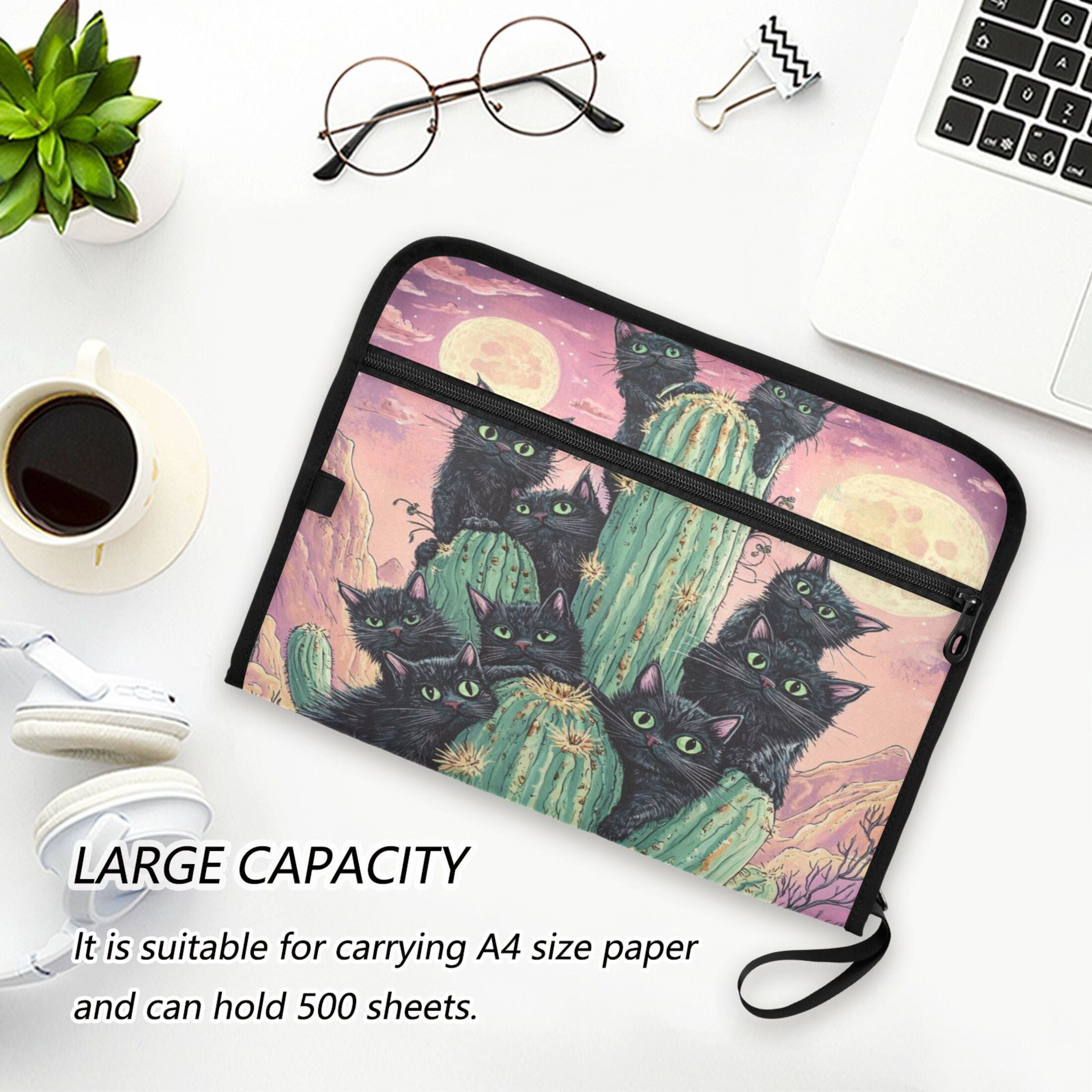 WOBOGO Black Cat with Cactus Expanding File Folder Letter Size Accordion Filing Organizer 13 Pocket Separate Organ Pocket