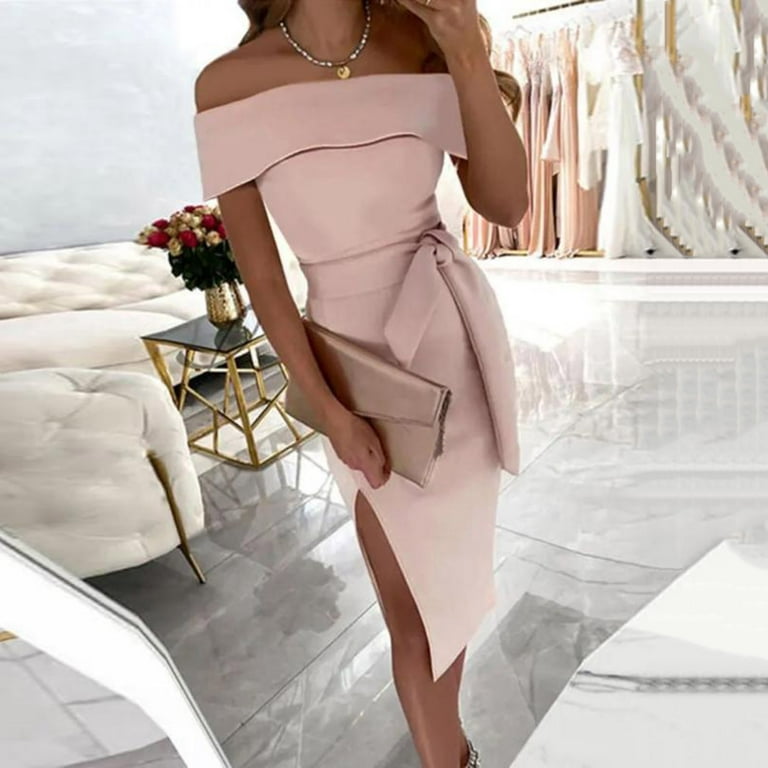 Casual Dresses for Women Midi Dresses for Women Women's Summer Sexy Solid  Slimming One Shoulder Bandage Split Dresses Elegant Dresses for Women
