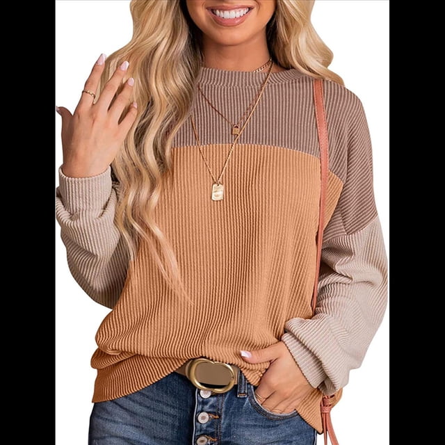 Camisetas Holgadas Informales de Punto con Cuello Redondo y Larga con Bloques de Color A para Mujer Caqui M