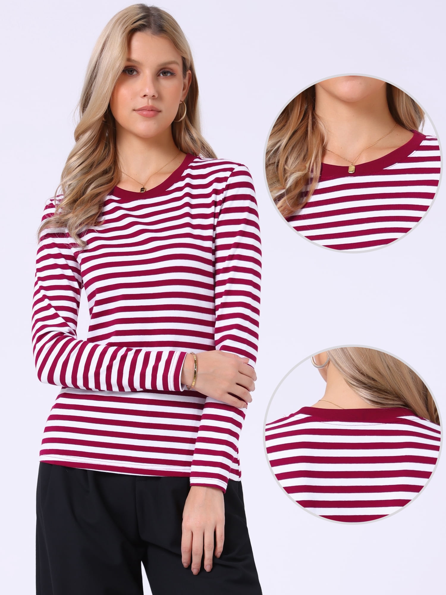 DARING DIVA Women's Striped Long Sleeve Cotton Crew Neck Tees M Deep Red Stripe