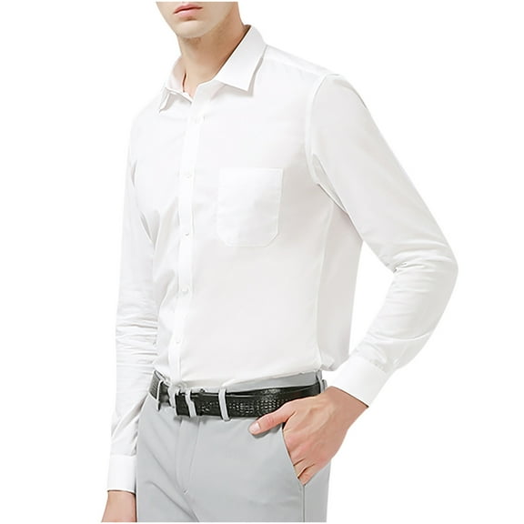 IROINNID On Sale Long Sleeve Shirts for Men Leisure Turndown Solid Business Pocket Buttons Shirt,White