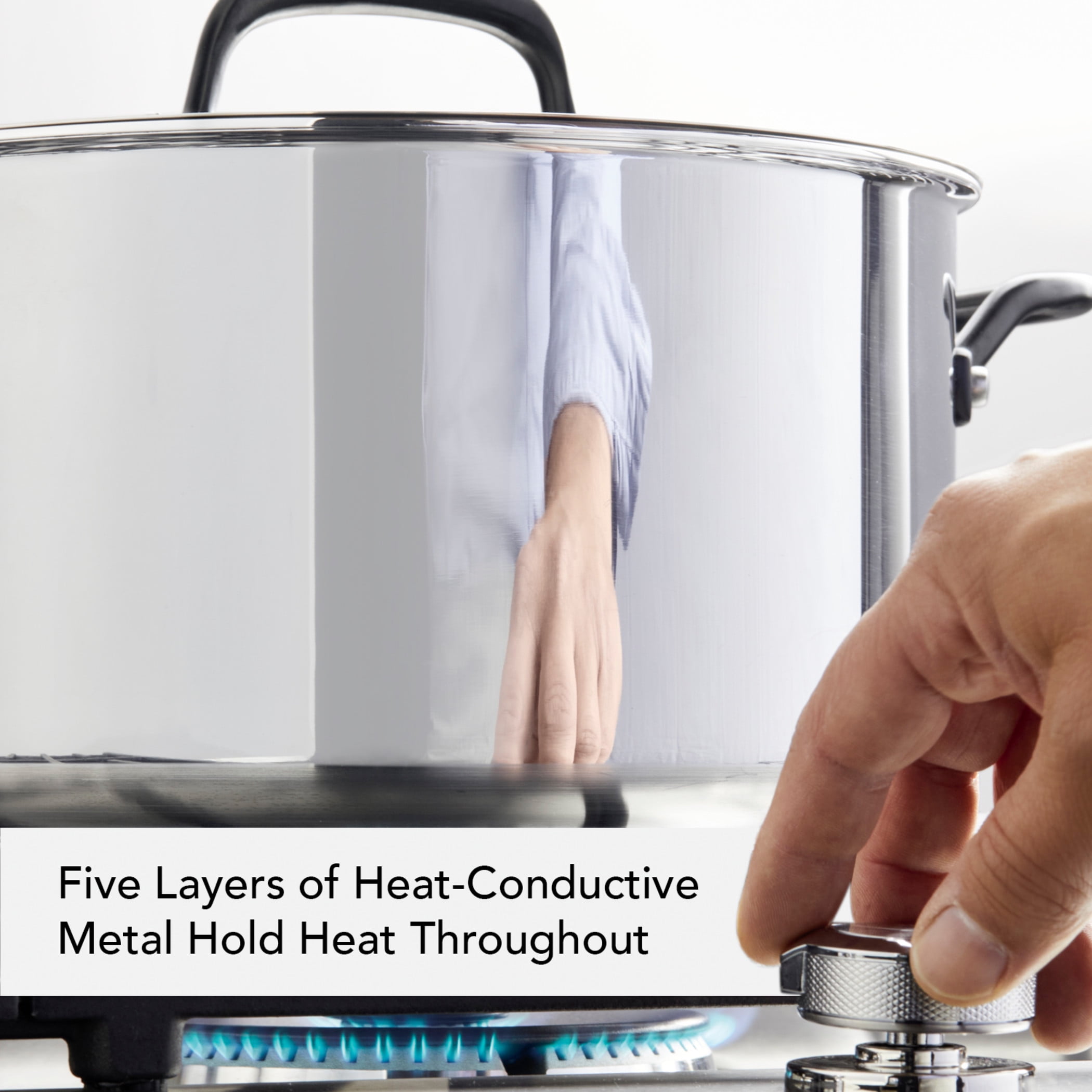 KitchenAid 5-Ply Clad 8 Quart Stainless Steel Stockpot with Lid, Induction Compatible, Dishwasher Safe, Metal Utensil, Broiler and Oven Safe to 500°F, Polished Stainless Steel