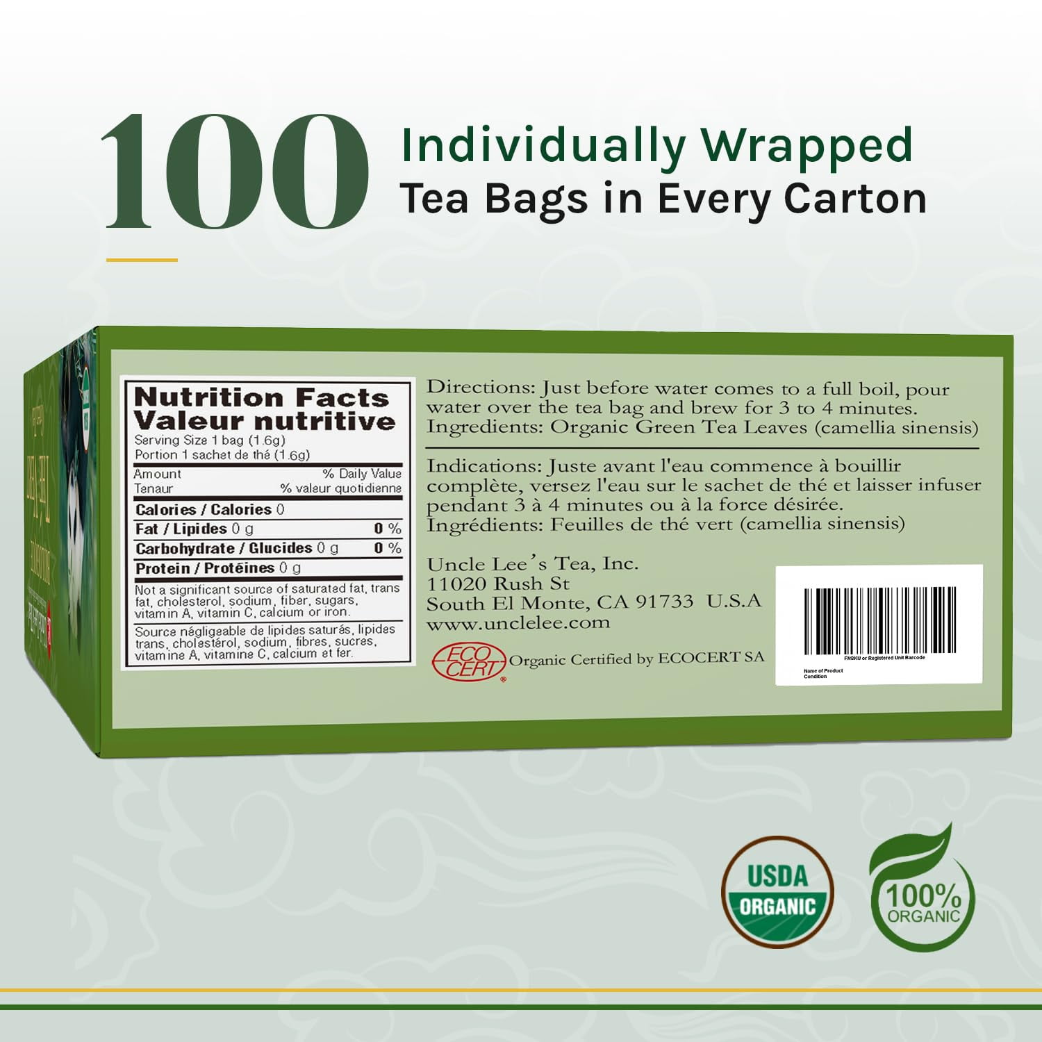 Uncle Lee's Organic Green Tea Bags 4-Pack, 106-Count Super Packs – Bright & Refreshing, Lightly Caffeinated Bulk Tea for Home, Office, Camping