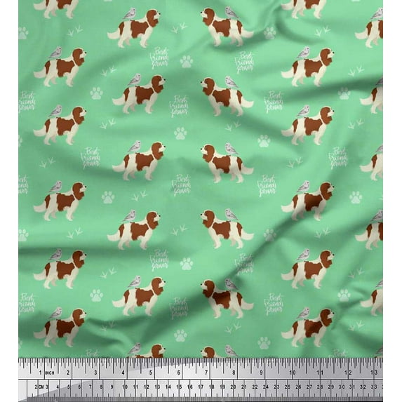 Soimoi Green polyester Crepe Fabric Bird,Paw & Cocker Spaniel Dog Print Fabric by Yard 52 Inch Wide