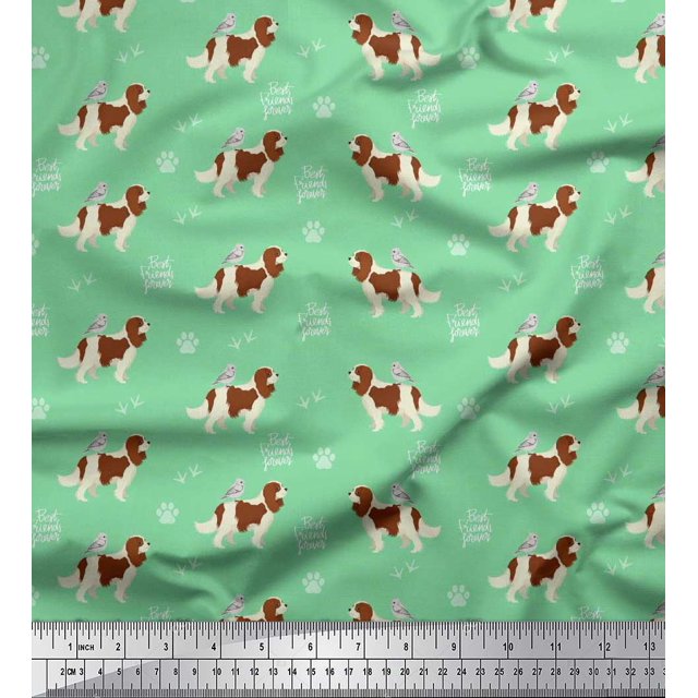 Soimoi Green Modal Satin Fabric Bird,Paw & Cocker Spaniel Dog Printed Craft Fabric by the Yard 42 Inch Wide