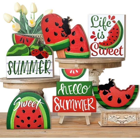Summer Tiered Tray Decor, Red Green Watermelon Tray Decorations, Hello Summer Sweet Popsicle Ant Wooden Signs, Farmhouse Rustic Decorations for Home Table Shelf Mantel Party