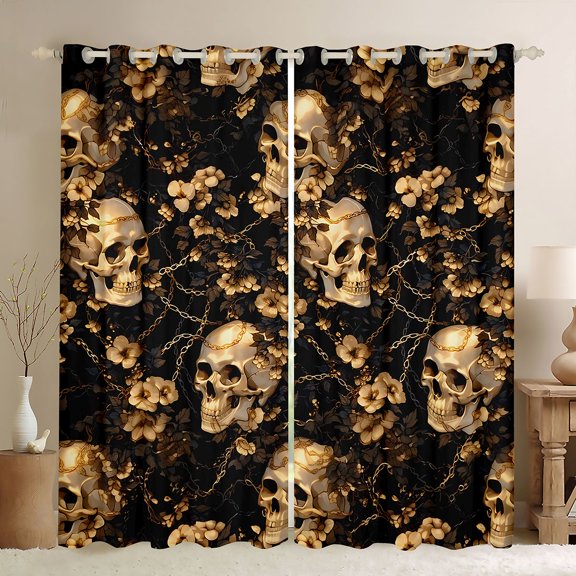 Homewish Spooky Halloween Skull Kitchen Curtains,Baroque Goth Floral Black Out Curtains Pack of 2 (42x63 Each),Golden