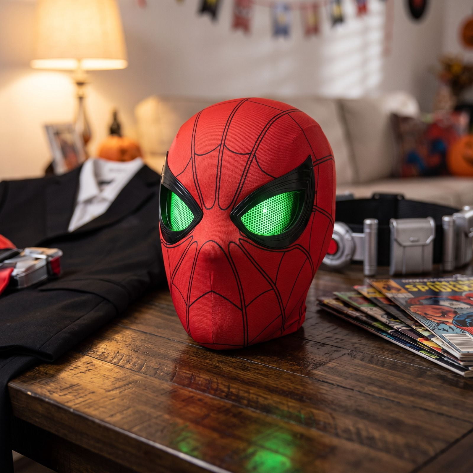 Red Fluorescent Blinking Mask, Glowing Superhero Headgear with Realistic Eye Movement for Fun Costume Play