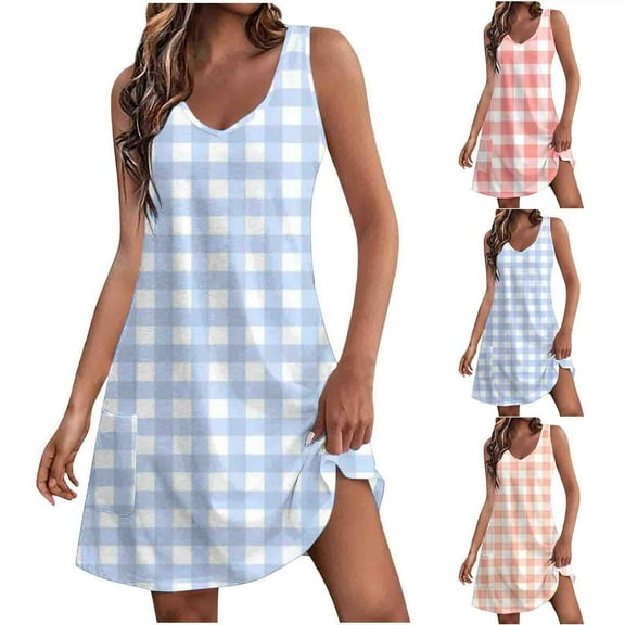 Mini Dresses for Women 2024 Plus Size Comfort Pocket Printing Sleeveless V-Neck Dress