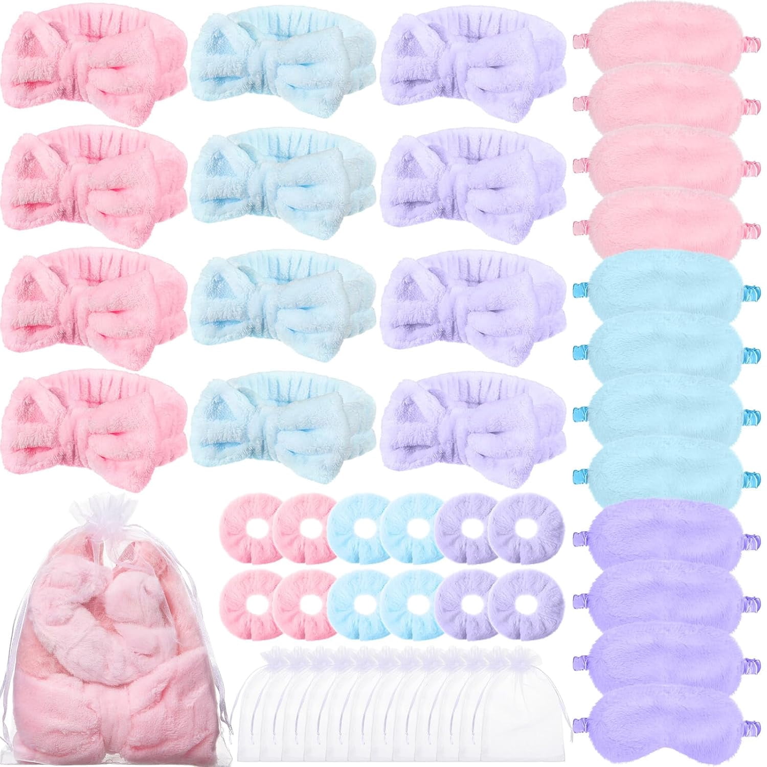 48 Pieces Spa Party Supplies 12 Spa Headband 12 Plush Sleep Eye Mask 12 Velvet Scrunchies 12 Organza Bags for Sleepover Slumber Party Favors Graduation Gift(Beige)