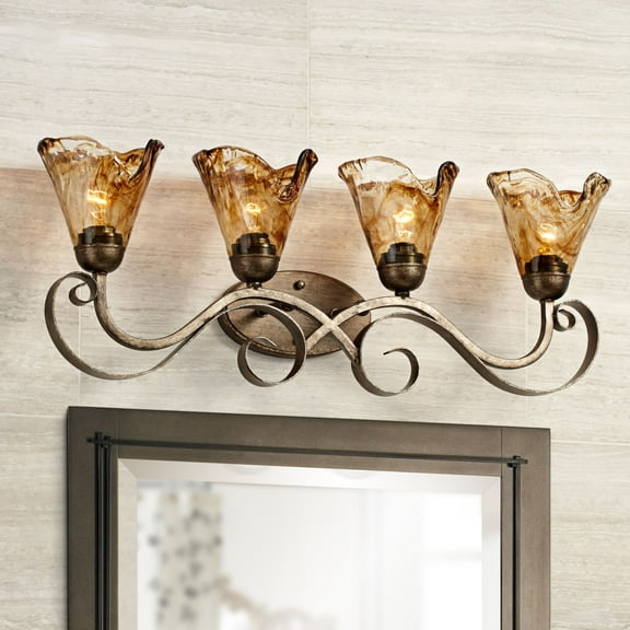 Franklin Iron Works Amber Scroll Rustic Wall Light Golden Bronze 29 1/2" Art Glass Fixture for Bedroom Bathroom Vanity Reading Living Room Hallway