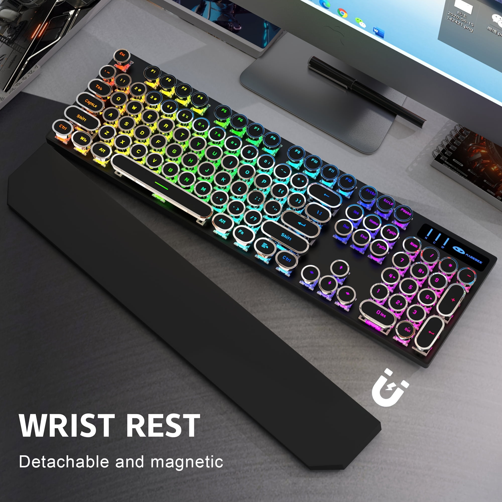 MageGee tri-mode BT5.0/2.4G/Type-C Typewriter Mechanical Gaming Keyboard Retro Punk Round Keycaps with RGB Rainbow Backlit Round key cap